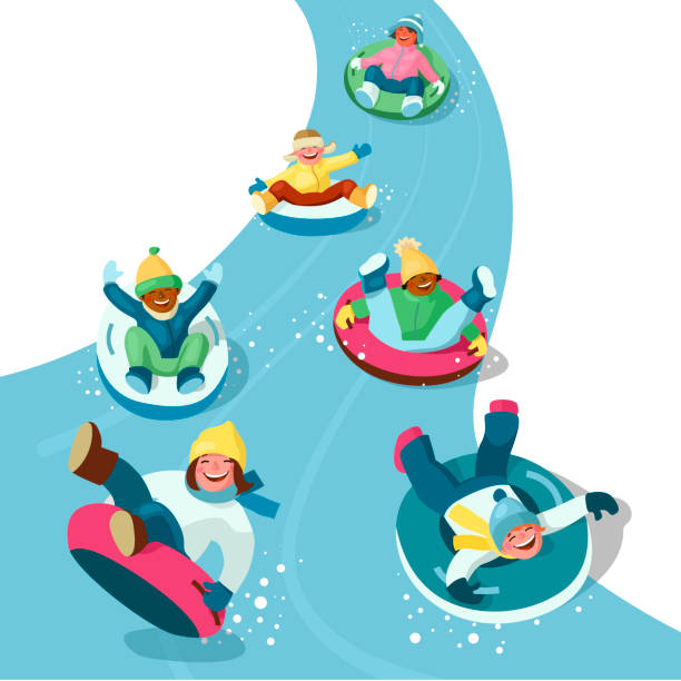 Boys and girl sledding down the tubing hill on snow tubes Boys and girls in winter clothes are having fun while sledding down the tubing hill on snow tubes. Winter activities on vacation. Cartoon vector illustration family fun stock illustrations