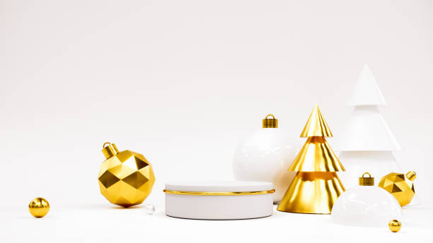 istock Happy New Year Background With Podium, Christmas tree and gifts. 3D rendering. 1287022075
