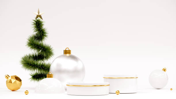 istock Happy New Year Background With Podium, Christmas tree and gifts. 3D rendering. 1287022081