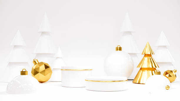 istock Happy New Year Background With Podium, Christmas tree and gifts. 3D rendering. 1287022087