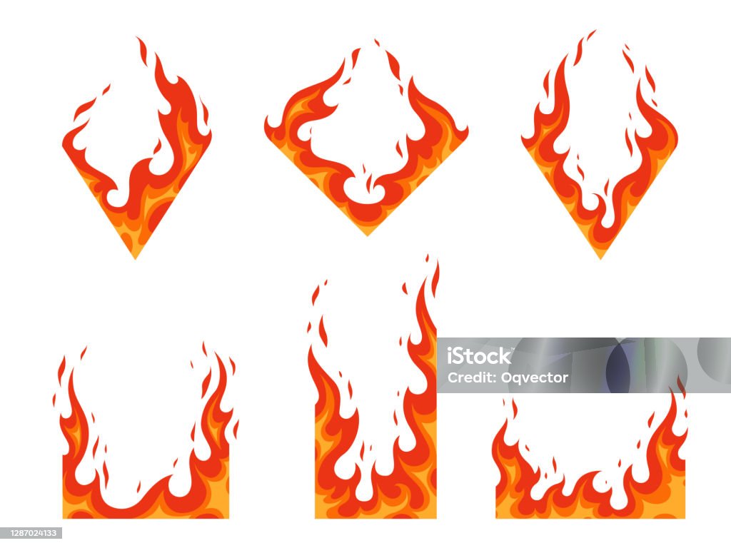 Vektor-Set von Feuerrahmen. Brennen Sie heiß, Stromwärme, Energie entzündliche Illustration. Flamme in Form eines Diamanten und eines Rechtecks für unterschiedliches Design - Lizenzfrei Feuer Vektorgrafik
