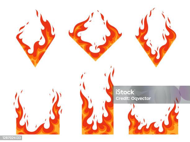 Vektorset Von Feuerrahmen Brennen Sie Heiß Stromwärme Energie Entzündliche Illustration Flamme In Form Eines Diamanten Und Eines Rechtecks Für Unterschiedliches Design Stock Vektor Art und mehr Bilder von Feuer