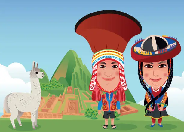 Vector illustration of Machu Picchu, Peruvian woman and man