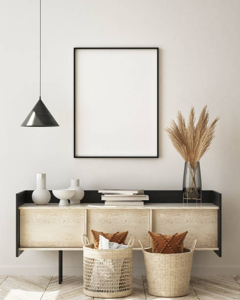 istock mock up poster frame in modern interior background, scandinavian style, 3D render 1287028021