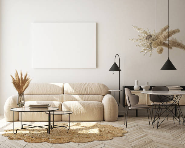 istock mock up poster frame in modern interior background, scandinavian style, 3D render 1287028023