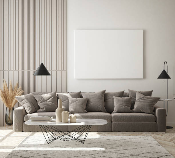 istock mock up poster frame in modern interior background, scandinavian style, 3D render 1287028028