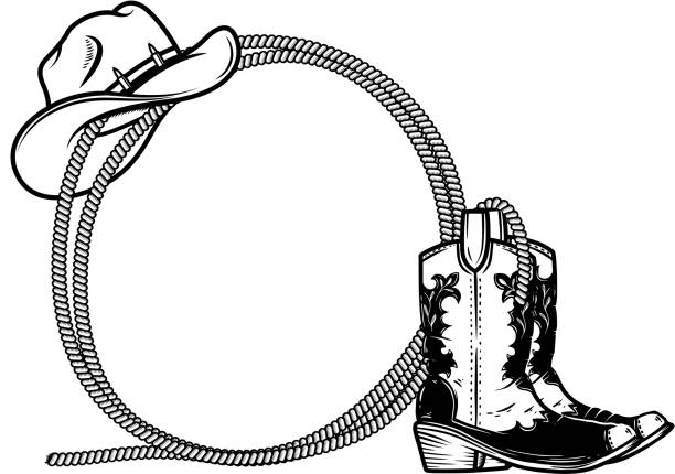 illustrations, cliparts, dessins animés et icônes de cadre de corde avec des bottes de cowboy et chapeau dans le modèle de gravure. élément de conception pour l’affiche, la carte, la bannière, le signe. illustration vectorielle - wild west horseshoe retro revival old fashioned