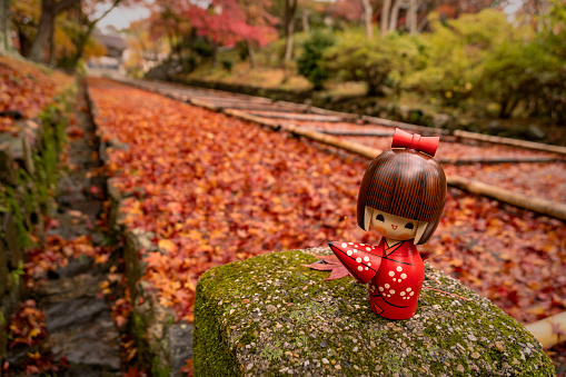 Japanese kokeshi wood doll, in autumn background.