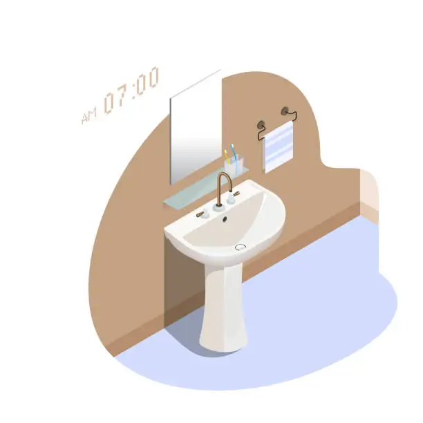 Vector illustration of Isometric vector illustration of brushing your teeth and washing your face  after getting up in the morning and wash your face