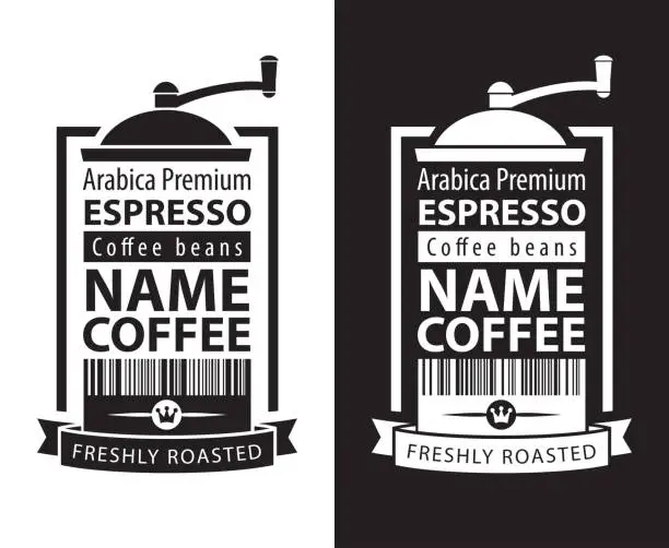 Vector illustration of coffee labels with coffee grinders and barcodes