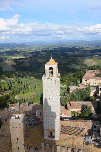 The tall Torre Rognosa height 51 mt, the second tallest in San Gimignano, a small walled medieval hill town in the province of Siena, Tuscany. Known as the Town of towers, San Gimignano is famous for its medieval architecture.