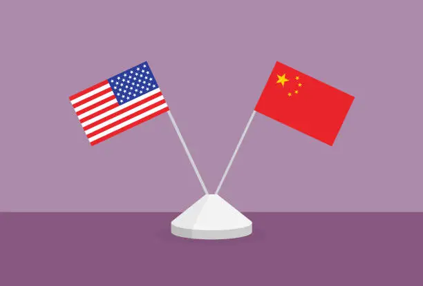 Vector illustration of US and China flag on a table