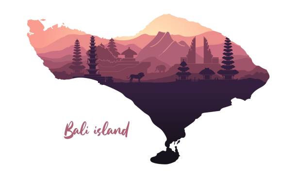 Map of the island of Bali with abstract landscape of the Indonesian island of Bali with the main attractions Abstract landscape of the Indonesian island of Bali with silhouettes of the main attractions at sunset in the form of a map tanah lot sunset stock illustrations