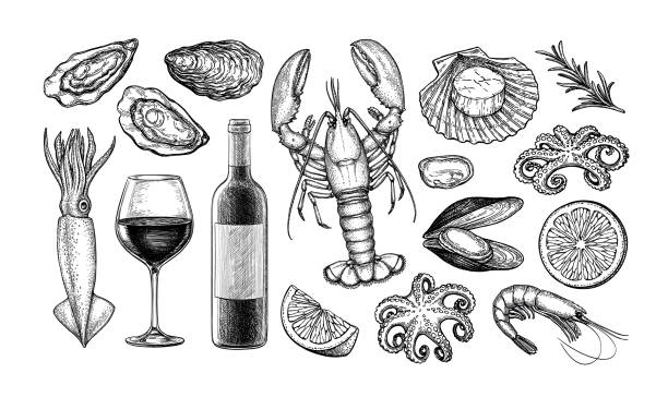 ilustrações de stock, clip art, desenhos animados e ícones de ink sketch set of wine and seafood. - gastro pub