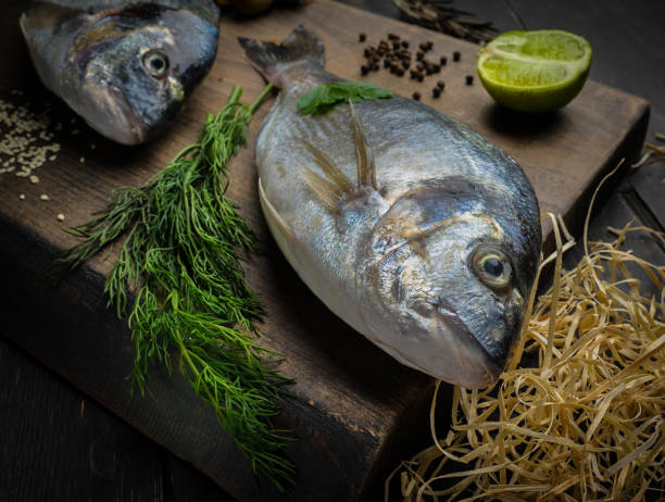 istock Fresh raw dorado fish on cutting board. Culinary seafood background 1287036728