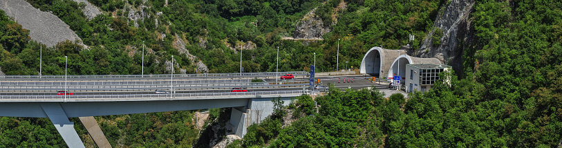 Rijeka, Croatia 22.07.2016: Panoramic view on bridge “Rjecina“, “Katarina” viaduct and “Katarina” road tunnel