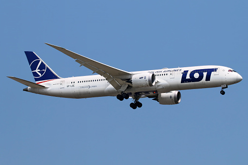 A Boeing 787 operated by LOT Polish Airlines lands in Shanghai Pudong airport. The aircraft flown extra flights to transport medical supplies during the COVID-19 epidemics.