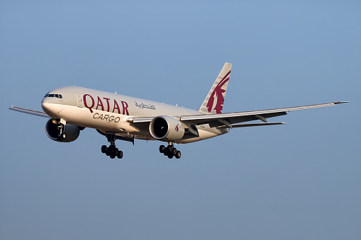 A Boeing 777 freigther operated by Qatar Airways Cargo lands in Shanghai Pudong airport. The aircraft flown cargo flights to transport medical supplies during the COVID-19 emergency.