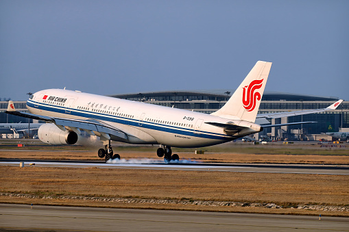 Air China Airbus A321-213 aircraft with registration B-6595 parked at Kansai International Airport in April 2023.