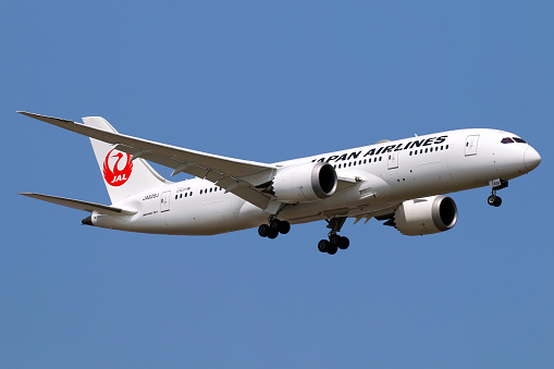 A Boeing 787 operated by JAL - Japan Airlines lands in Shanghai Pudong airport.