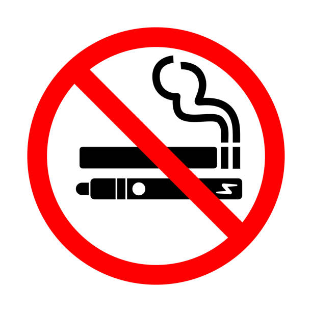 No smoking no vaping sign. Forbidden sign icon isolated on white background vector illustration. No smoking no vaping sign. Forbidden sign icon isolated on white background vector illustration. Cigarette, vape and smoke and in prohibition circle. cigarette warning label stock illustrations
