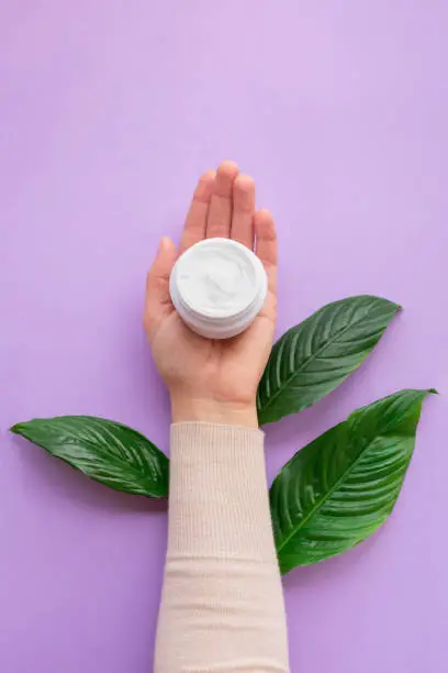 Young girls hand is nearby jar with white soft hand and body cream on purple background with large green leaves.Concept of eco cosmetic.Girl is moisturizing her hand by cream as beauty.Vertical format
