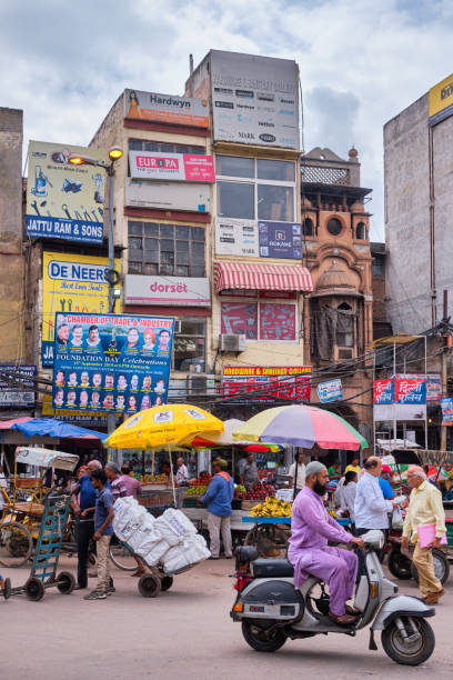 Chandni Chowk, busy shopping area in Old Delhi New Delhi / India - September 19, 2019: Chandni Chowk, busy shopping area in Old Delhi with bazaars and colorful narrow streets old delhi stock pictures, royalty-free photos & images