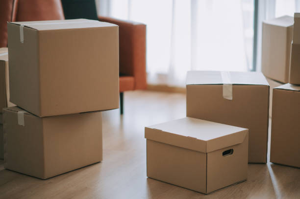 istock Sofa and sealed carton boxes in living room 1287044177