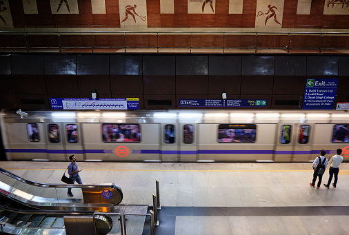 New Delhi / India - September 22, 2019: Jawaharlal Nehru Stadium (JLN Stadium) metro station of Delhi Metro system in New Delhi, India