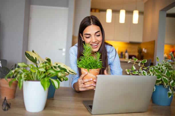 istock Beautiful young woman caring for her plants. 1287045497
