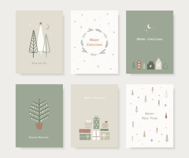 Set of hand drawn Christmas greeting cards. Trendy hand drawn christmas trees, snowflakes, gift box and cute houses in scandinavian style. Vector illustration. Set of hand drawn Christmas greeting cards. Trendy hand drawn christmas trees, snowflakes, gift box and cute houses in scandinavian style. Vector illustration. scandinavian culture stock illustrations