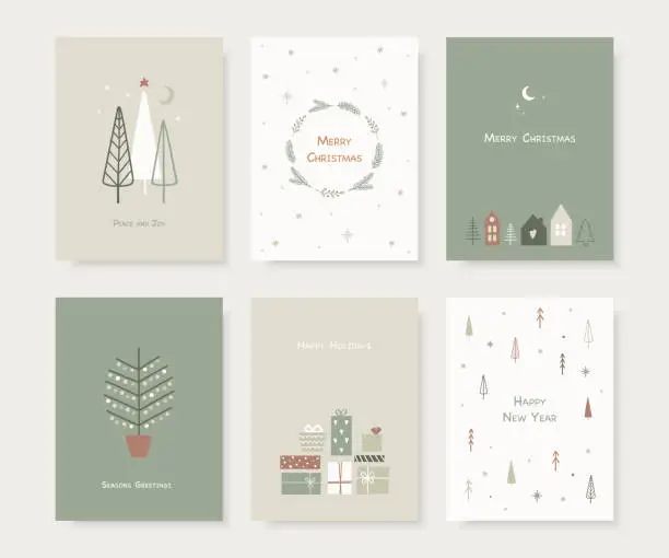 Vector illustration of Set of hand drawn Christmas greeting cards. Trendy hand drawn christmas trees, snowflakes, gift box and cute houses in scandinavian style. Vector illustration.