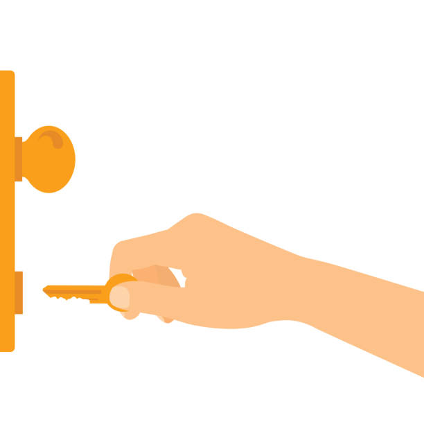 плоская иллюстрация дизайна ключа ручной руки и разблокировки или блокировки входной двери - вектор - door opening women doorway stock illustrations