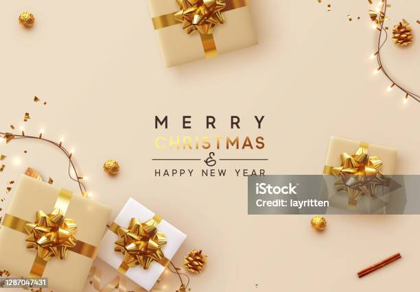 クリスマスの背景リアルなギフトボックスキラキラゴールド紙吹雪で輝くライトガーランドのxmasデザイン明けましておめでとうございますポスターグリーティングカードバナー - クリスマスのベクターアート素材や画像を多数ご用意