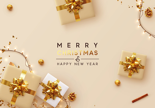 Christmas Background. Xmas design of sparkling lights garland, with realistic gifts box, glitter gold confetti. Happy New Year poster, greeting card, banner. Design Flat top view. Holiday composition