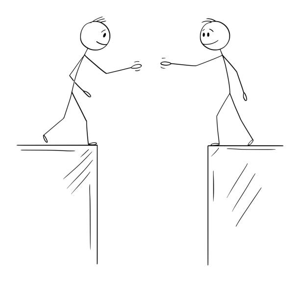 Vector Cartoon Illustration of Two Men or Businessmen or Politicians Going to Shake Hands When Divided by Gulf or Chasm.Concept of Cooperation, Agreement or Deal. Vector cartoon stick figure illustration of two men or businessmen or Politicians going to shake hands when divided by chasm or gulf. Concept of agreement, deal or cooperation. funny contract stock illustrations