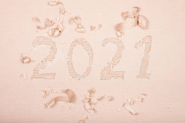 Decorated new year number 2021 is cut out of corrugated cardboard stock photo