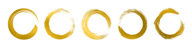 Set different circle brush strokes isolated, hand drawn paint brush circle logo gold frame - stock vector vector art illustration