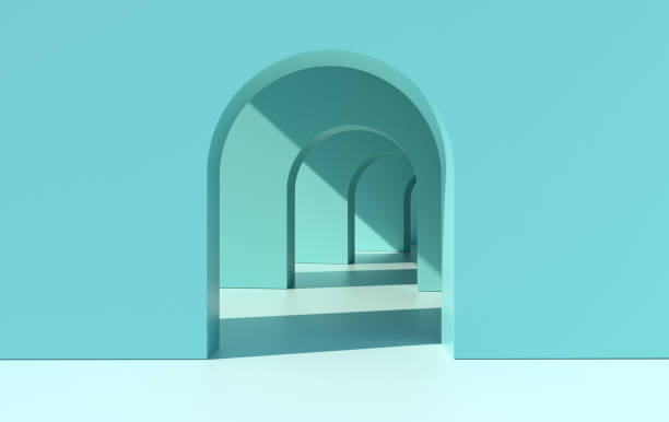 istock 3d rendering. Arch hallway simple geometric background, architectural corridor, portal, arch columns inside empty wall. Modern minimal concept 1287055532