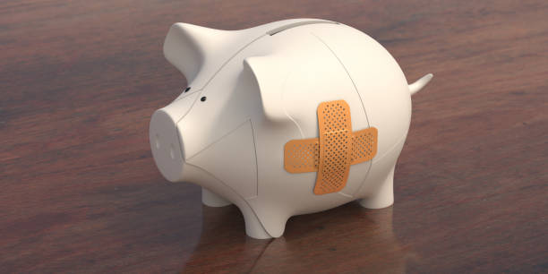 木製の背景にパッチを当て貯金箱。銀行金融危機。3d イラスト - piggy bank healthcare and medicine wound currency ストックフォトと画像