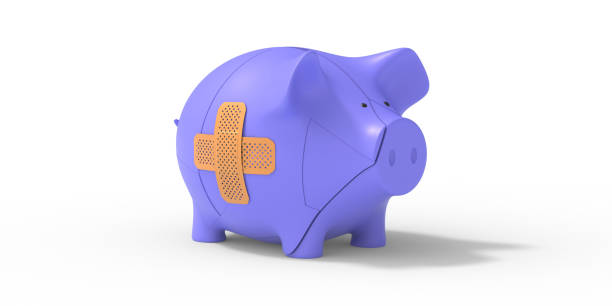 白い背景に隔離されたバンドエイドを持つ貯金箱。銀行金融危機。3d イラスト - piggy bank healthcare and medicine wound currency ストックフォトと画像