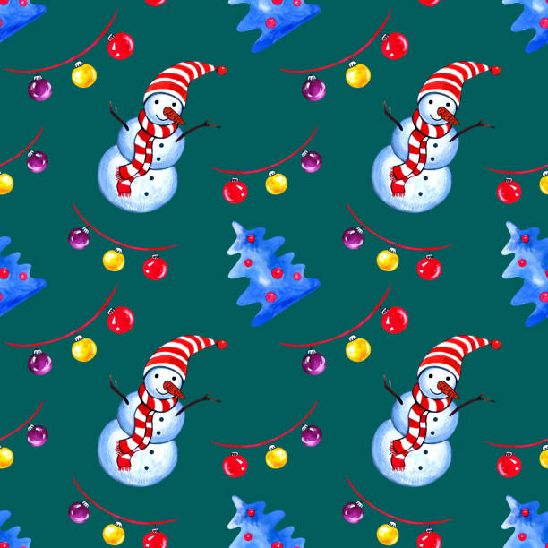 istock Cute Snow man, decorated christmas tree and lamps - winter collection. eamless pattern on dark green background. Watercolor illustration. 1287057505