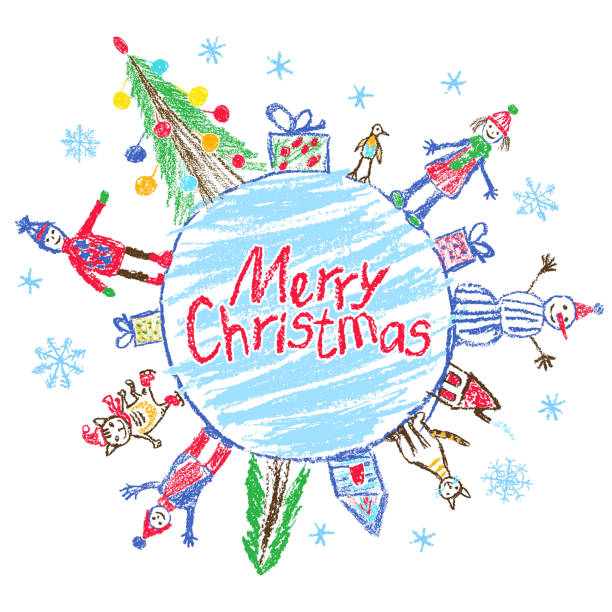 ilustrações de stock, clip art, desenhos animados e ícones de earth globe with merry christmas and new year. tree, happy kid, present, house, snowman. - christmas christmas tree snow illustration and painting