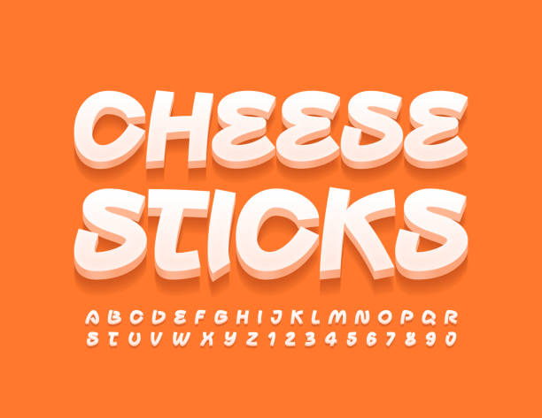 Vector tasty sign Cheese Sticks. Handwritten 3D Alphabet Letters and Numbers set White creative Fon crunchy type stock illustrations