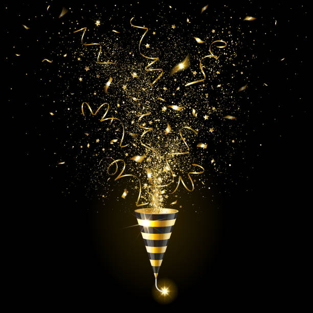 Explosion Golden Party Popper with Gold Confetti explosion golden party popper with gold confetti on a black background party popper stock illustrations