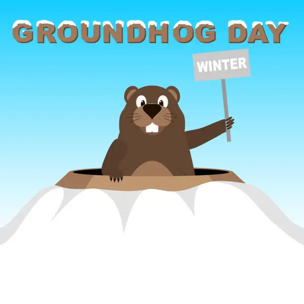 Vector illustration of Groundhog shows a sign saying Winter peeking out of the hole. Groundhog Day