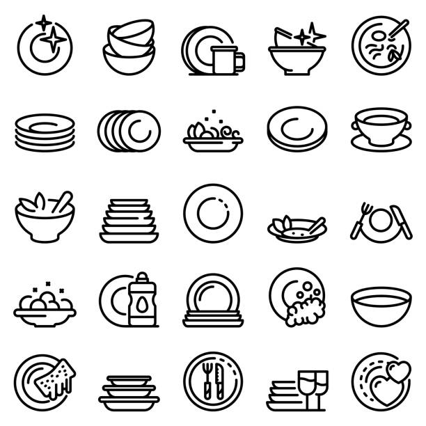 plattensymbole gesetzt, umrissstil - flatware silverware in a row eating utensil stock-grafiken, -clipart, -cartoons und -symbole