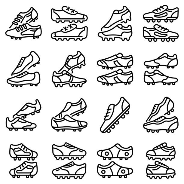 ilustraciones, imágenes clip art, dibujos animados e iconos de stock de iconos de botas de fútbol establecidos, estilo de esquema - botas de fútbol