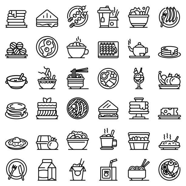 illustrations, cliparts, dessins animés et icônes de ensemble d’icônes de déjeuner, modèle de contour - cantine