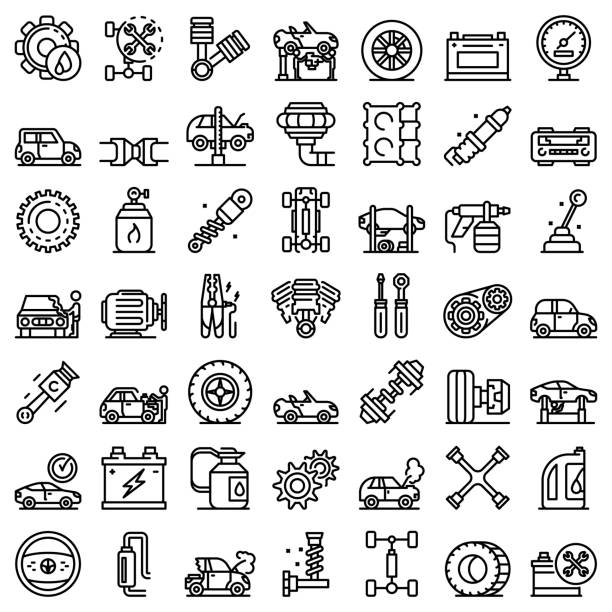 ilustraciones, imágenes clip art, dibujos animados e iconos de stock de conjunto de iconos mecánicos de coche, estilo de contorno - motor